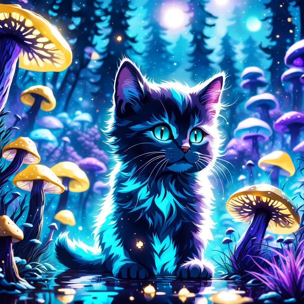 Surreal Mythical Kitten Embarks in a Dark Galaxy Night Scene