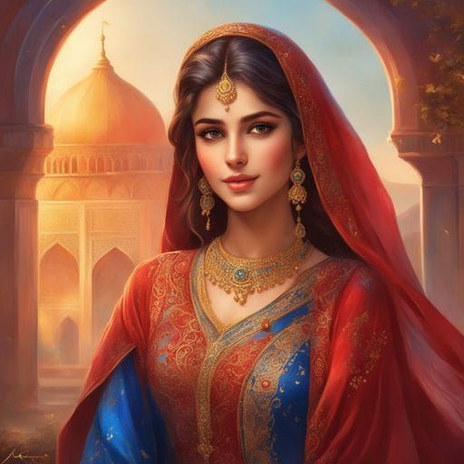 Beautiful Iranian Girl in Traditional Clothes Strolls Down t...