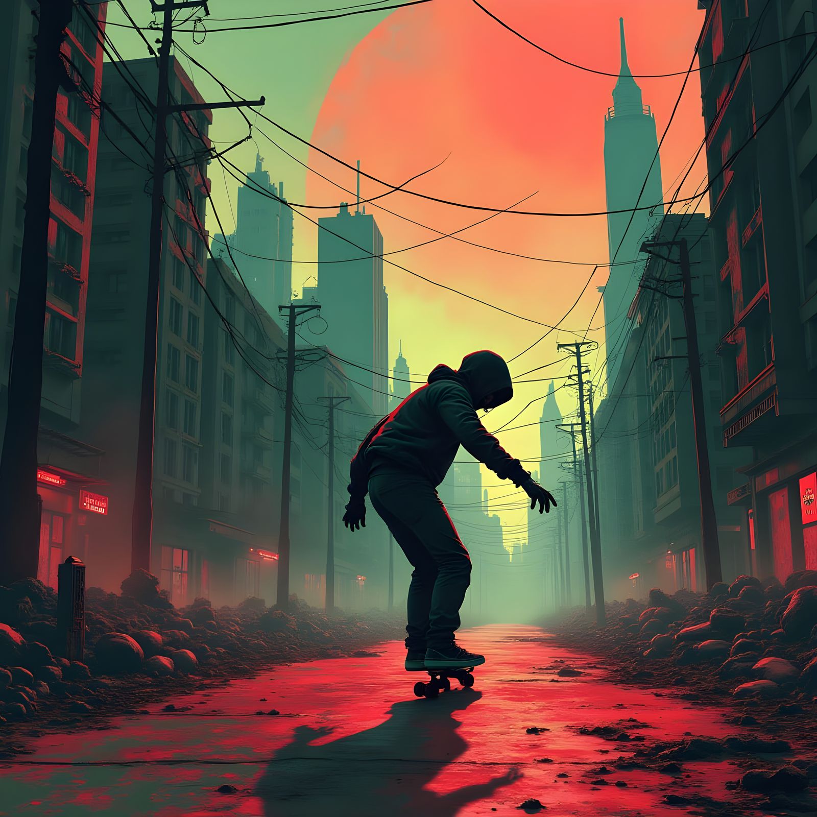 Cyberpunk Skater in Apocalyptic City