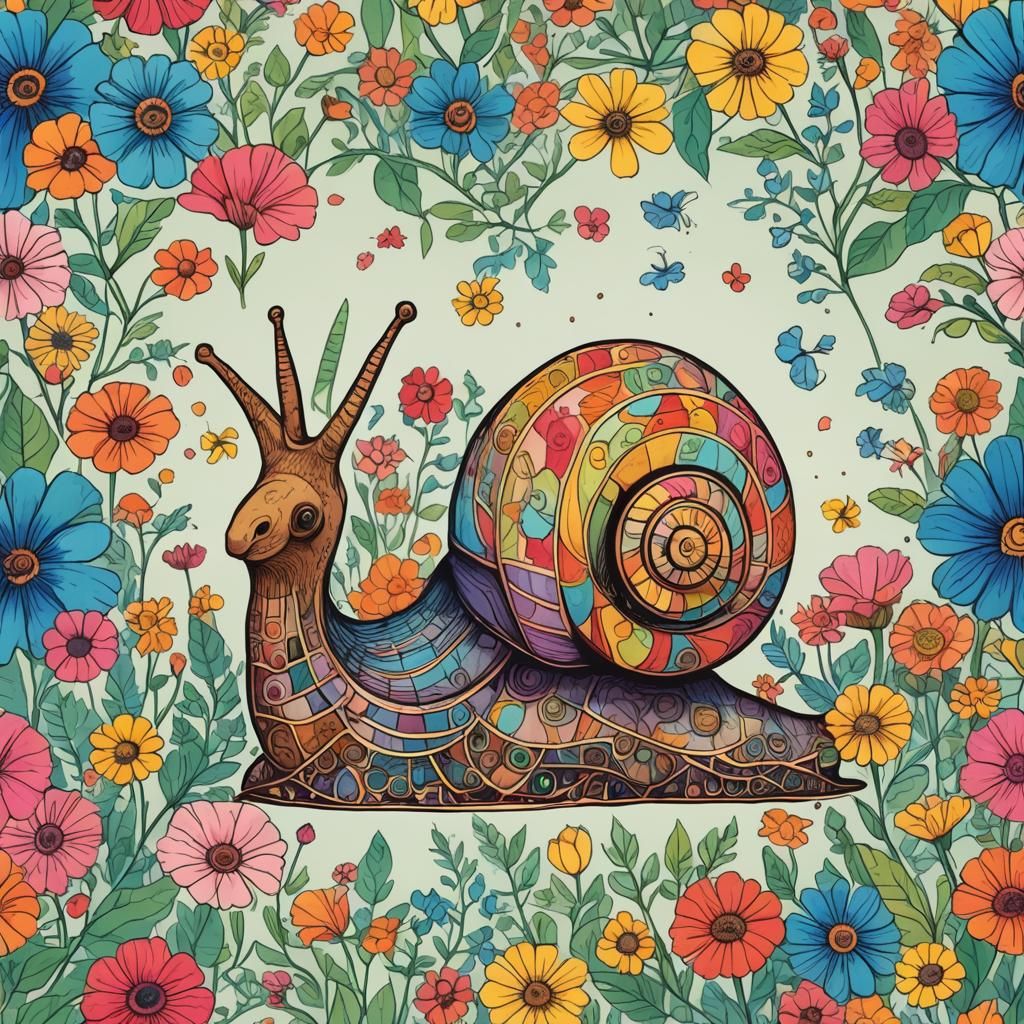 Vibrant Snail Amidst Blooming Petals in Triadic Color Harmon...