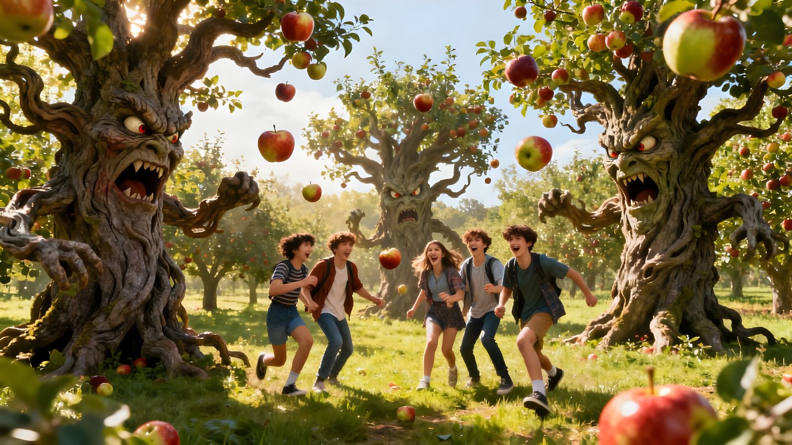 Surreal Orchard: Angry Apple Trees Attack Teenagers