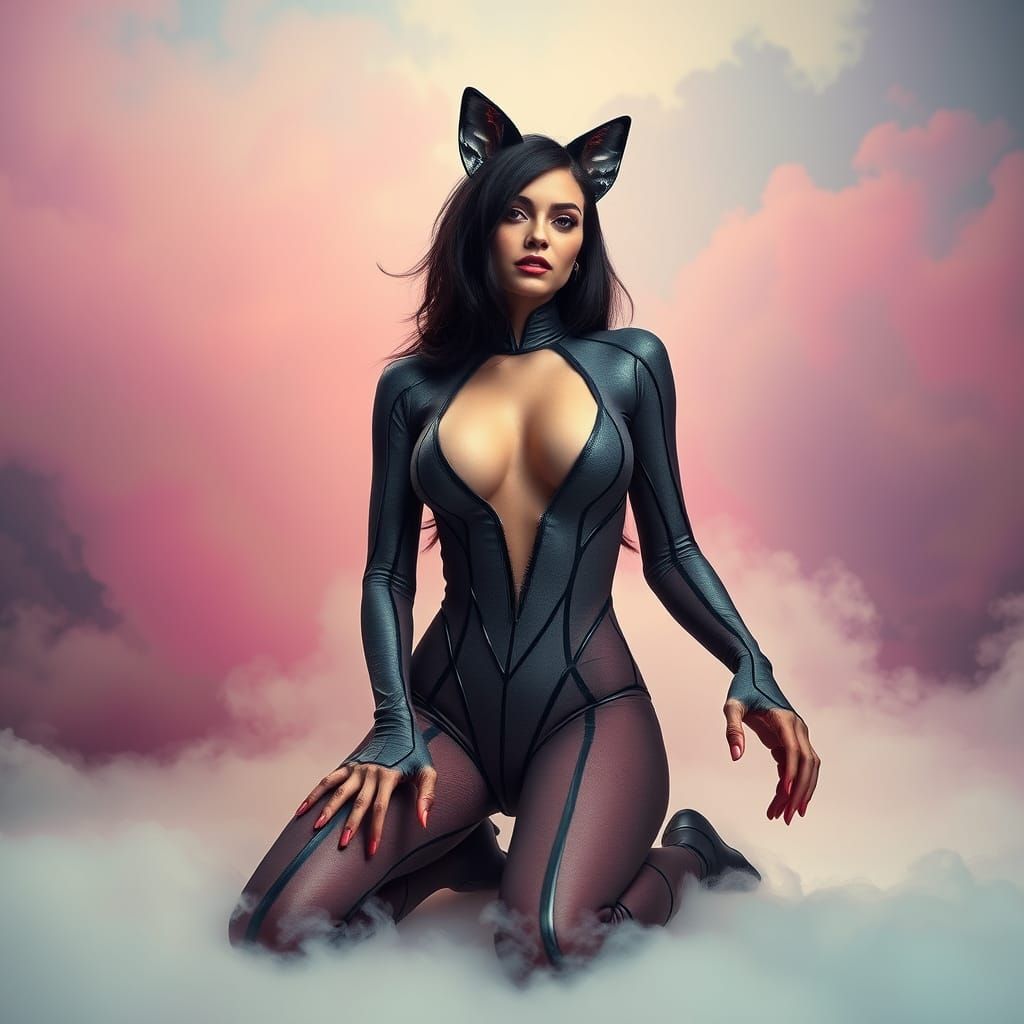 Whimsical Woman in Dreamlike Catsuit Amidst Ethereal Fog