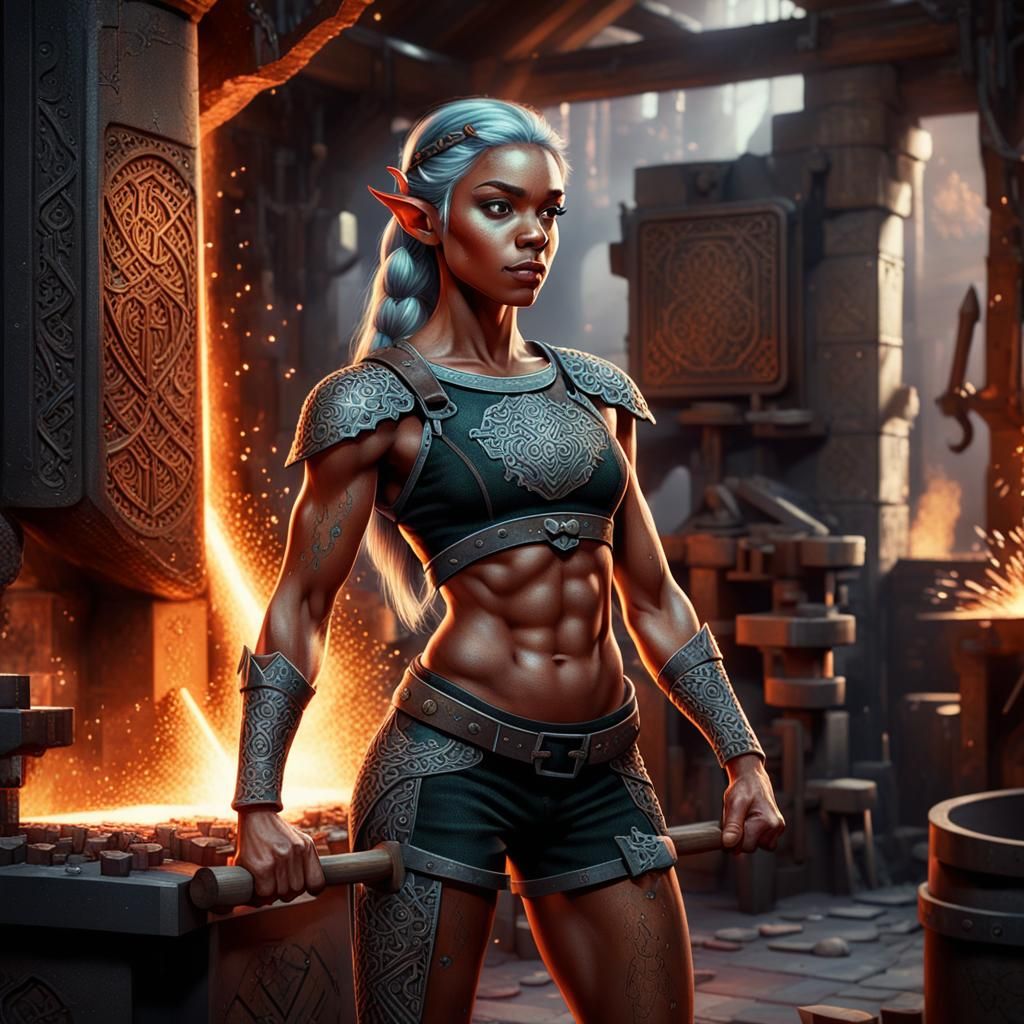 Pixelated Elf Blacksmith in Dramatic Forge Setting