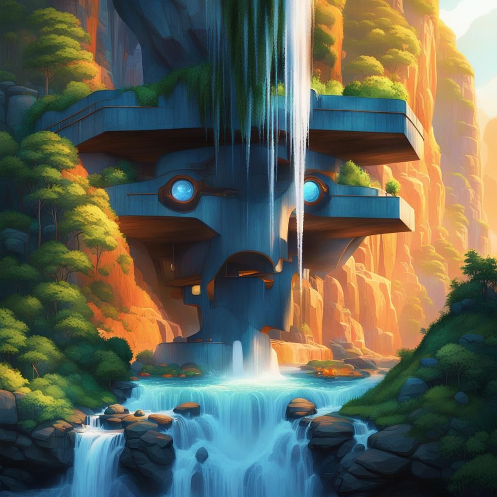 Surreal Cliffside Oasis with Impossible Architecture in Vibr...