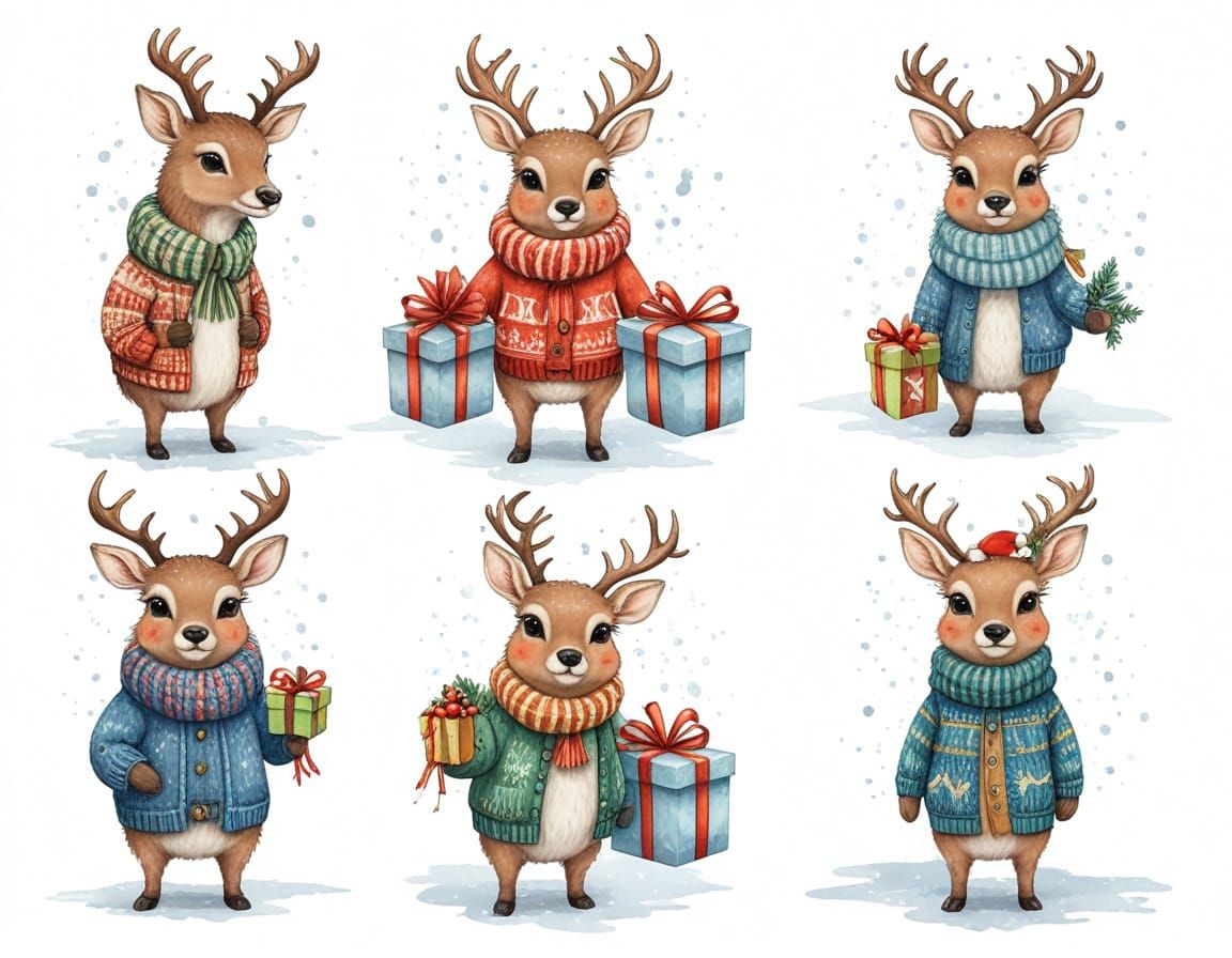 Cute Fluffy Deer in Santa Hats with Gifts