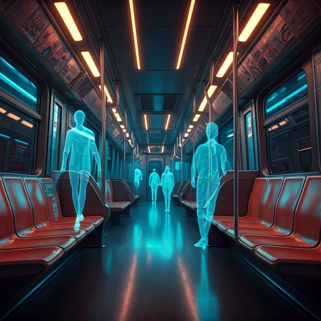 Futuristic Subway Interior with Holographic Passengers