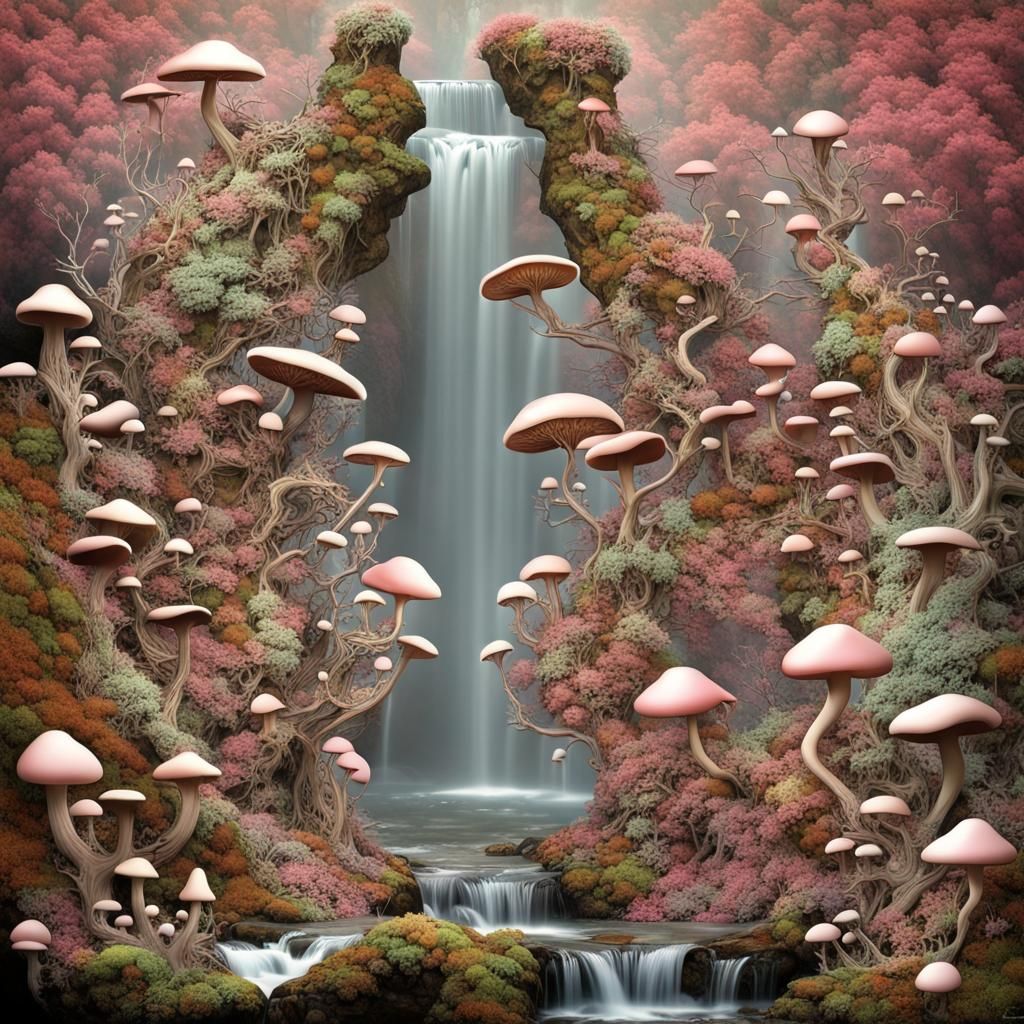 Ethereal Surreal Landscape with Blooming Florals and Lush Fu...