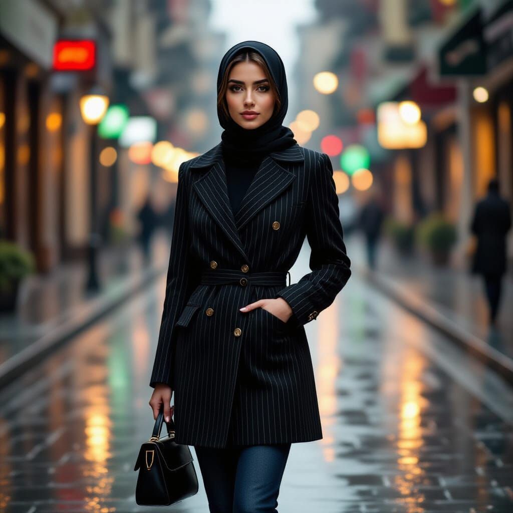 Elegant Woman in Rainy City Street Reflections