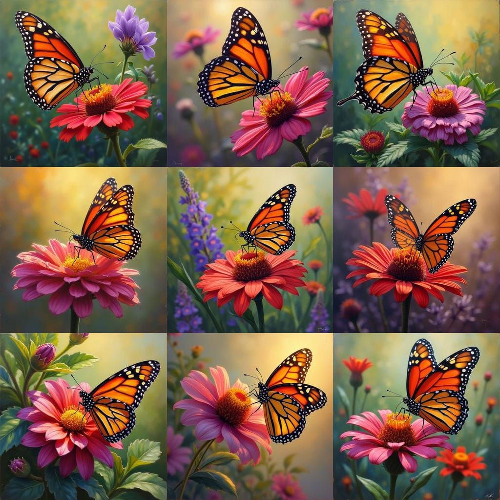 Monarch Butterfly on Flower, Oil Painting