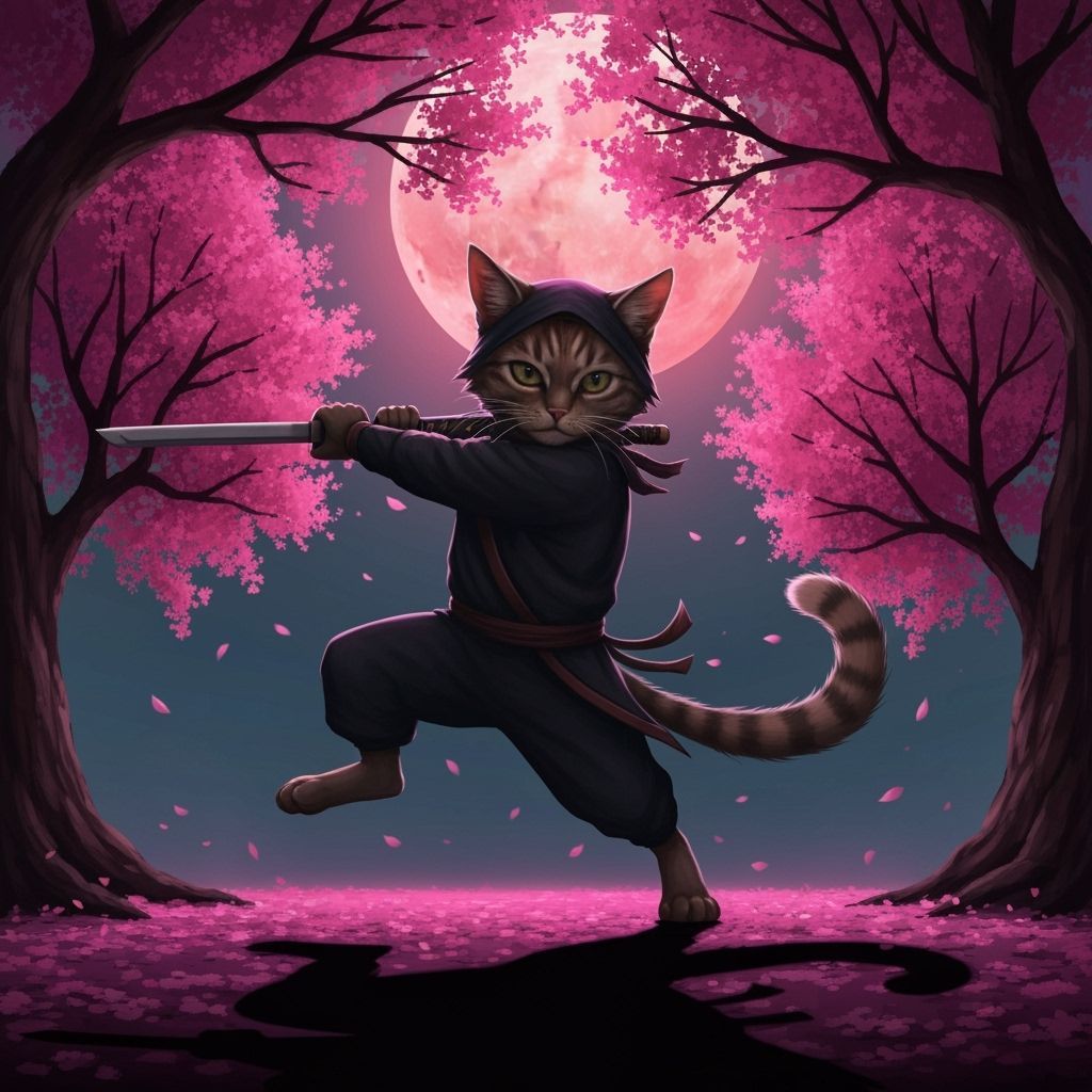 Ninja Cat with Katana Under Sakura Trees in Digital Art