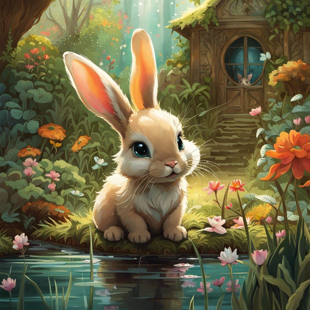 Hyperrealistic Baby Bunny in a Serene Garden Landscape