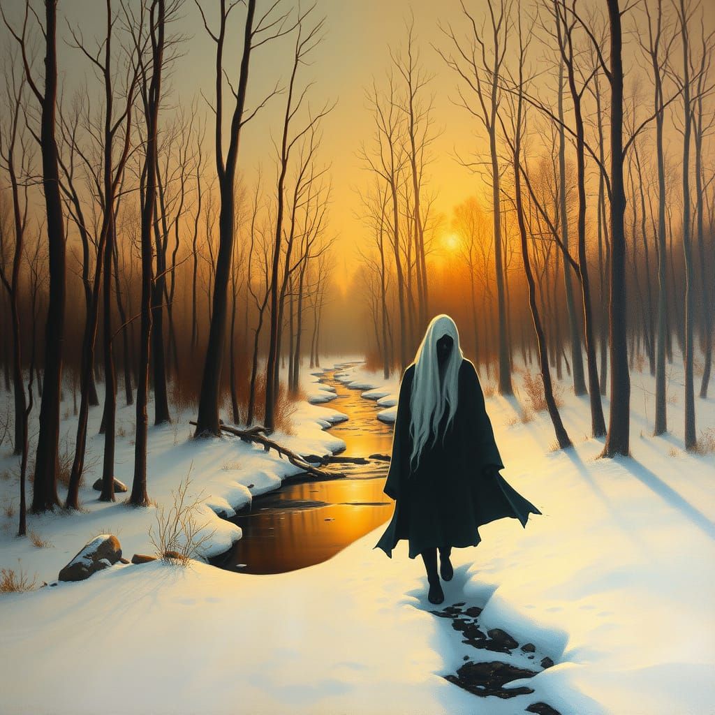 Ethereal Spirit Roams Winter Forest, Surrealist Style