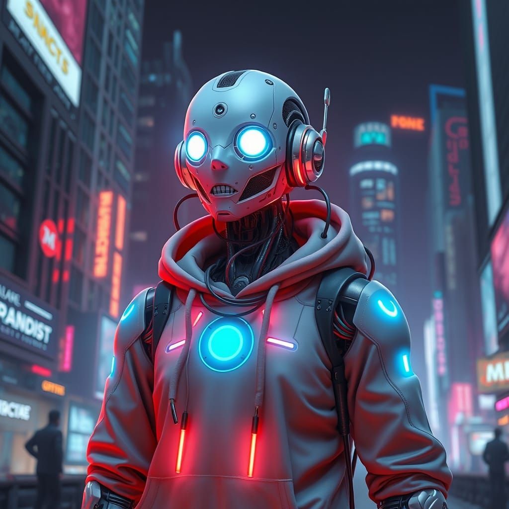 Futuristic Robot Deity in Neon Cityscape