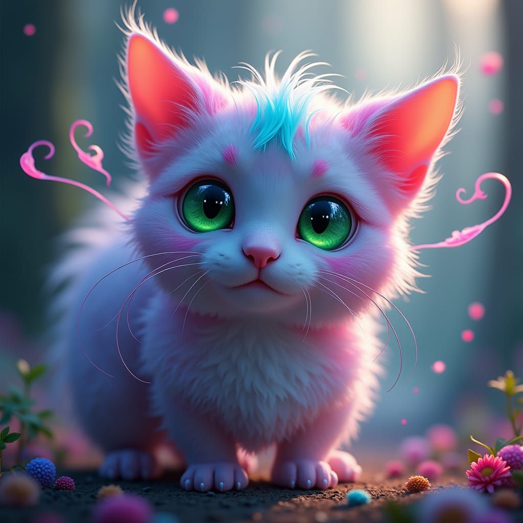 Whimsical Feline Fantasy in Iridescent Hues