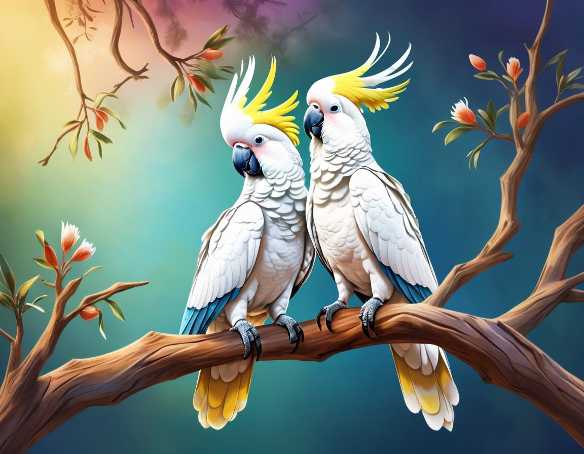 Sitting Cockatoos Amidst Vibrant Treehouse Details