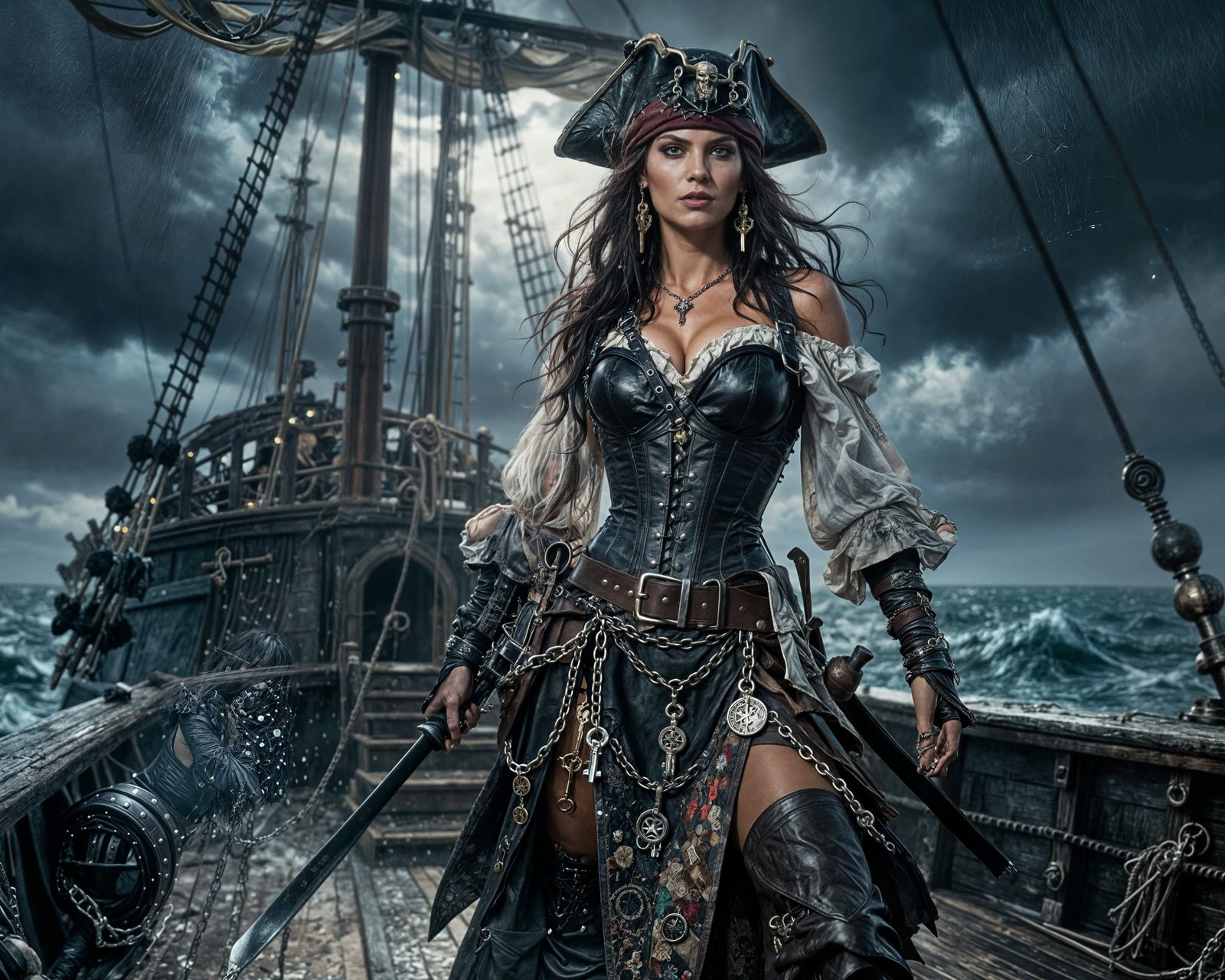 Dark Fantasy Pirate Raider Woman in Leather Corset