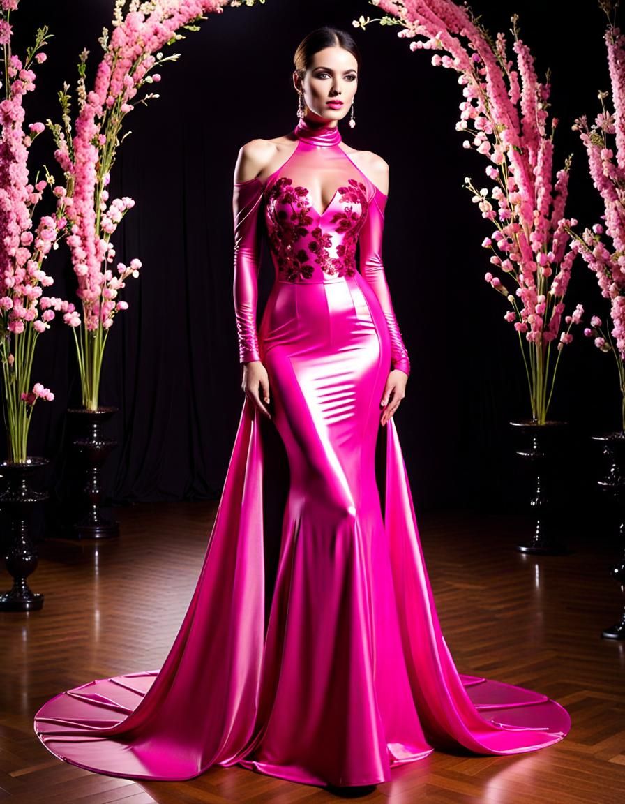 Elegant Young Woman in Dark Pink Latex Gown with Gold Accent...