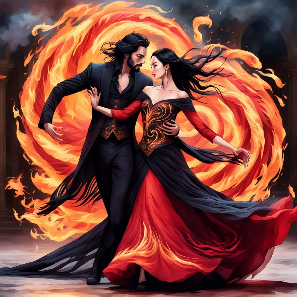 Ethereal Flamingo Goddess Dances Amidst Fiery Fantasy Landsc...