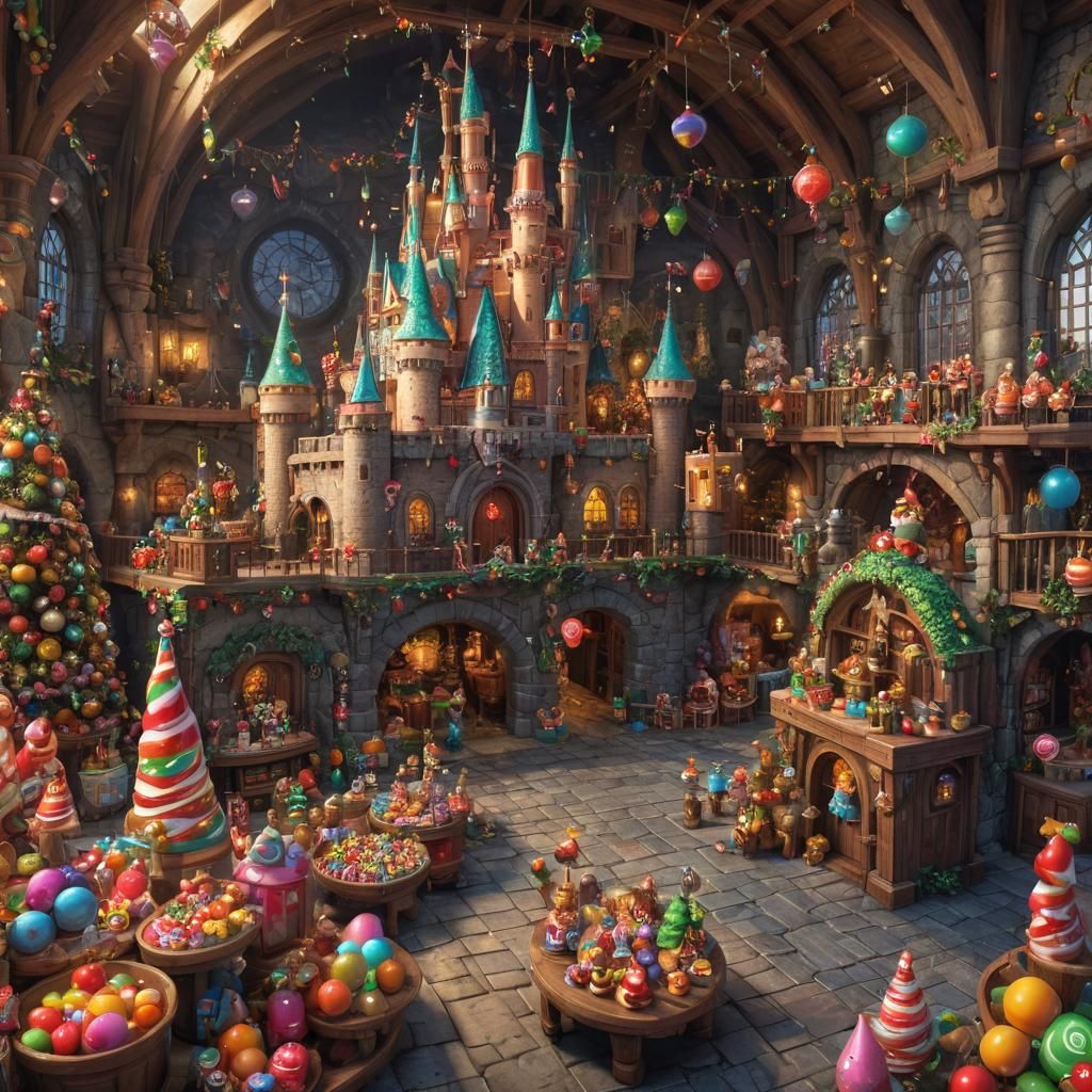 Whimsical Candy Kingdom Castle with Playful Elves in Hyperre...