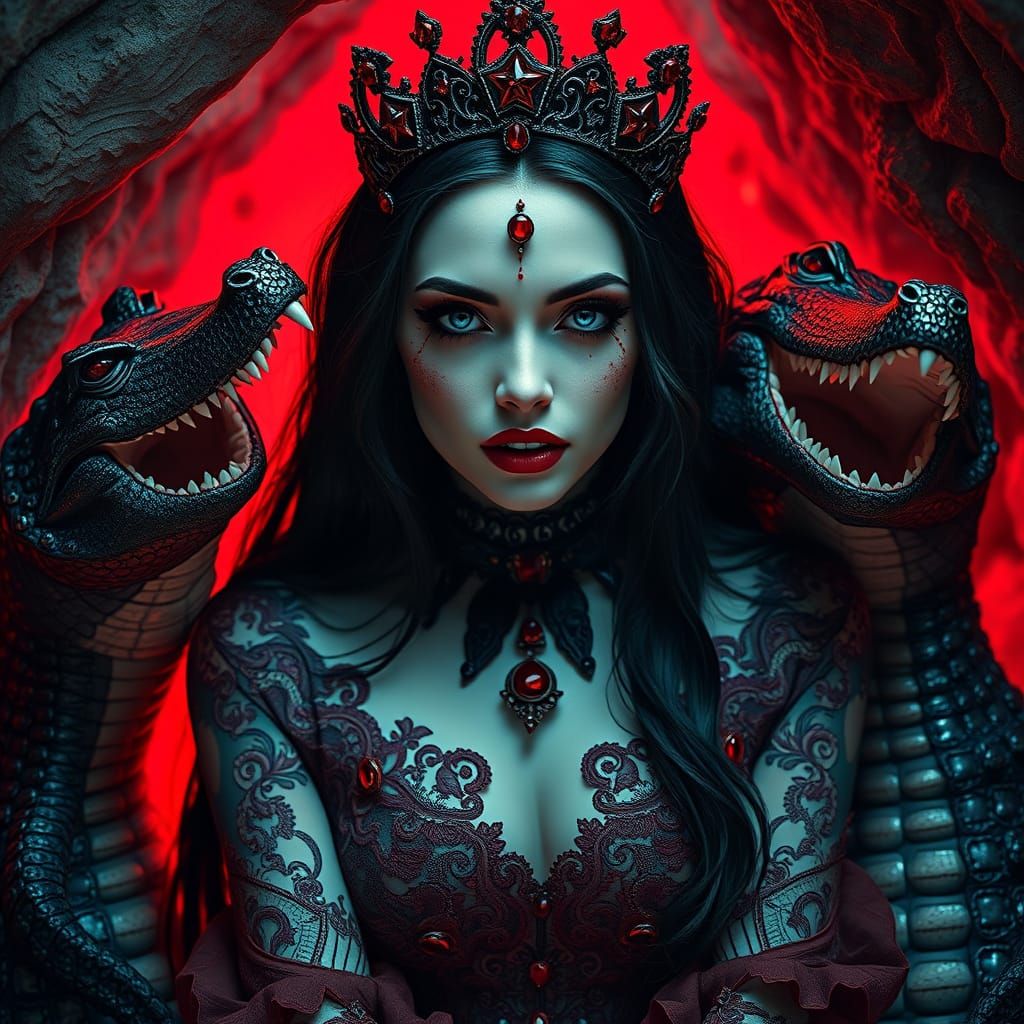 Gothic Vampire Goddess With Tattoos and Crocodiles