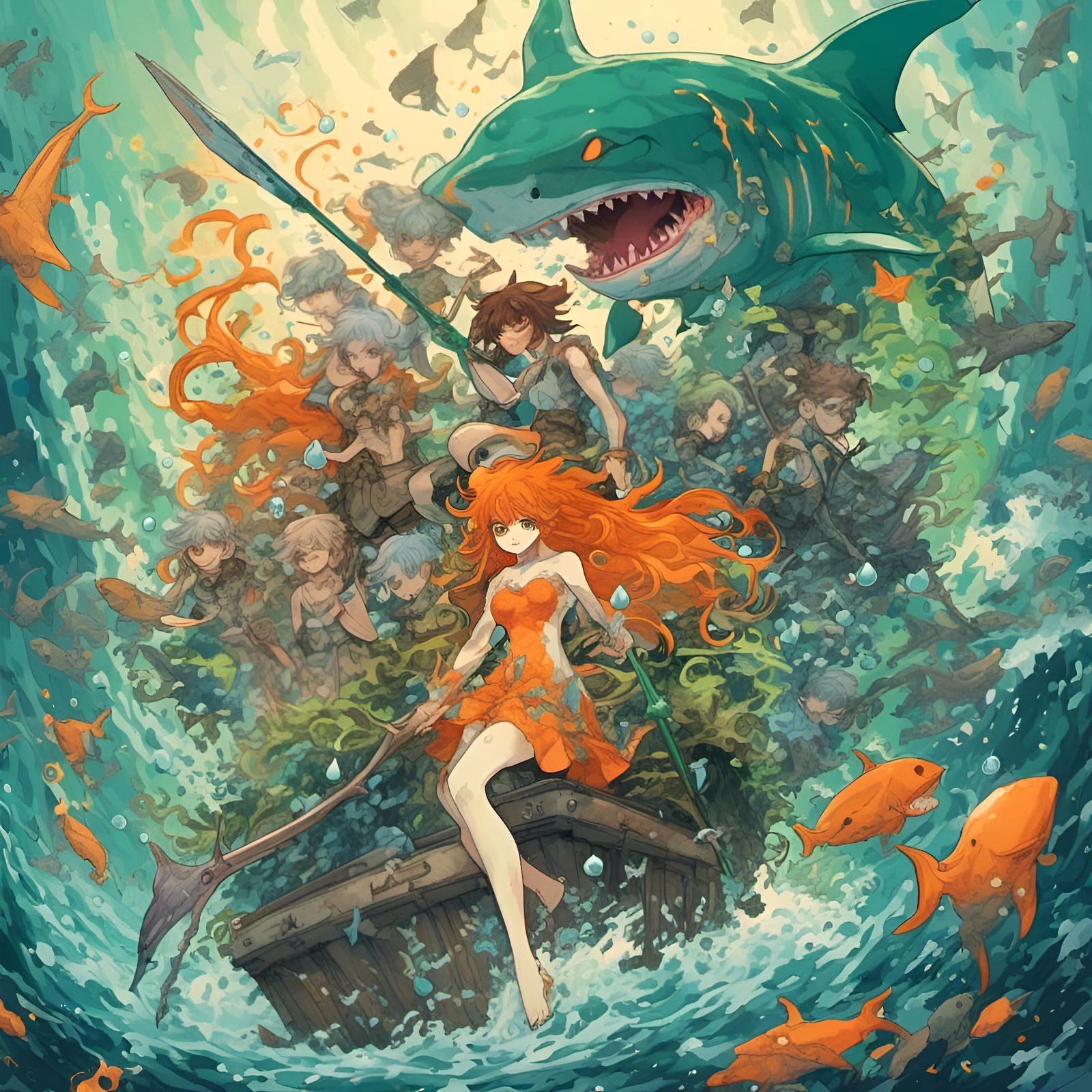Surreal Hyperreal Merfolk Battles Acid-Soaked Shark with Ani...