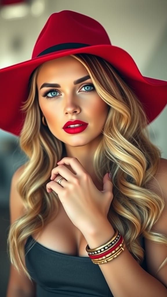 Woman in Red Hat, Red Lipstick, Bracelet Stack