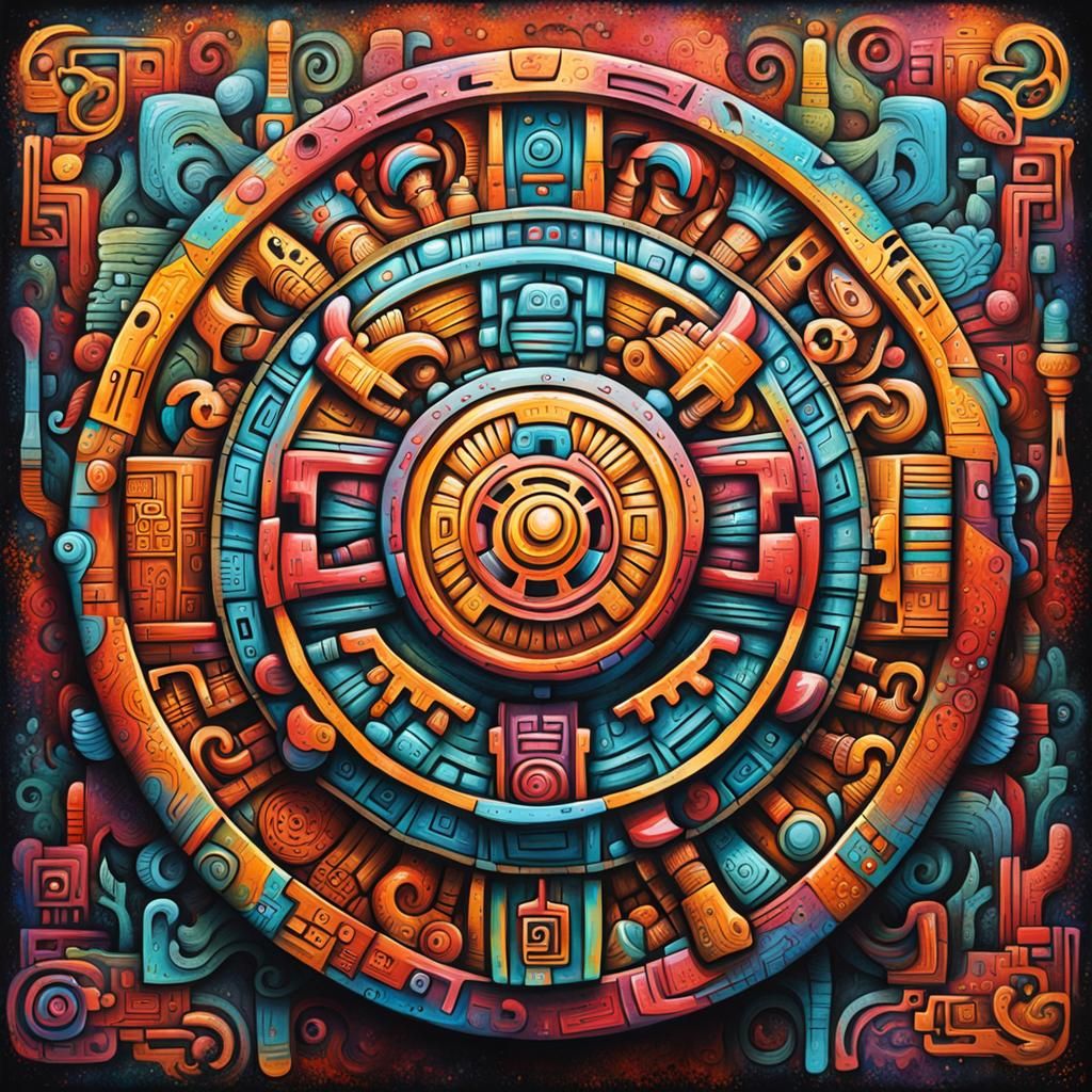 Ultra Detailed Mayan Hieroglyph Wheel in Vibrant Street Art...