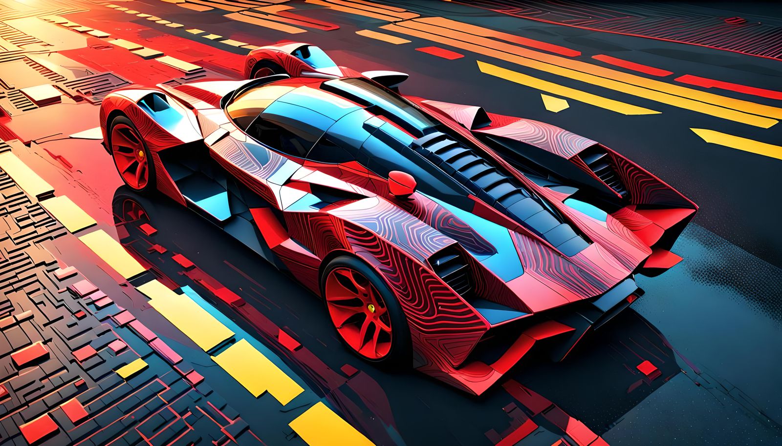 Cyberpunk Ferrari on Empty Road, 3D Render