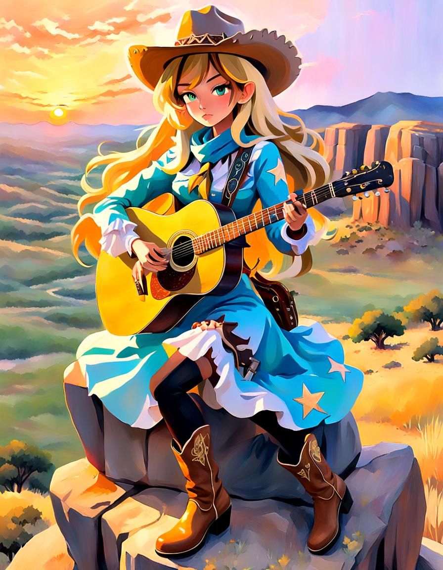 Anime Female Cowgirl Star Plays Guitar Under Sunset Landscap...