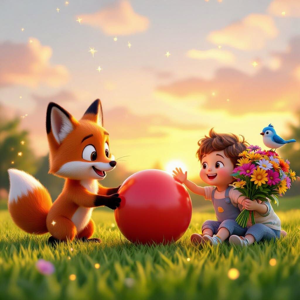 Orange Fox and Toddler Play with Ball at Sunset