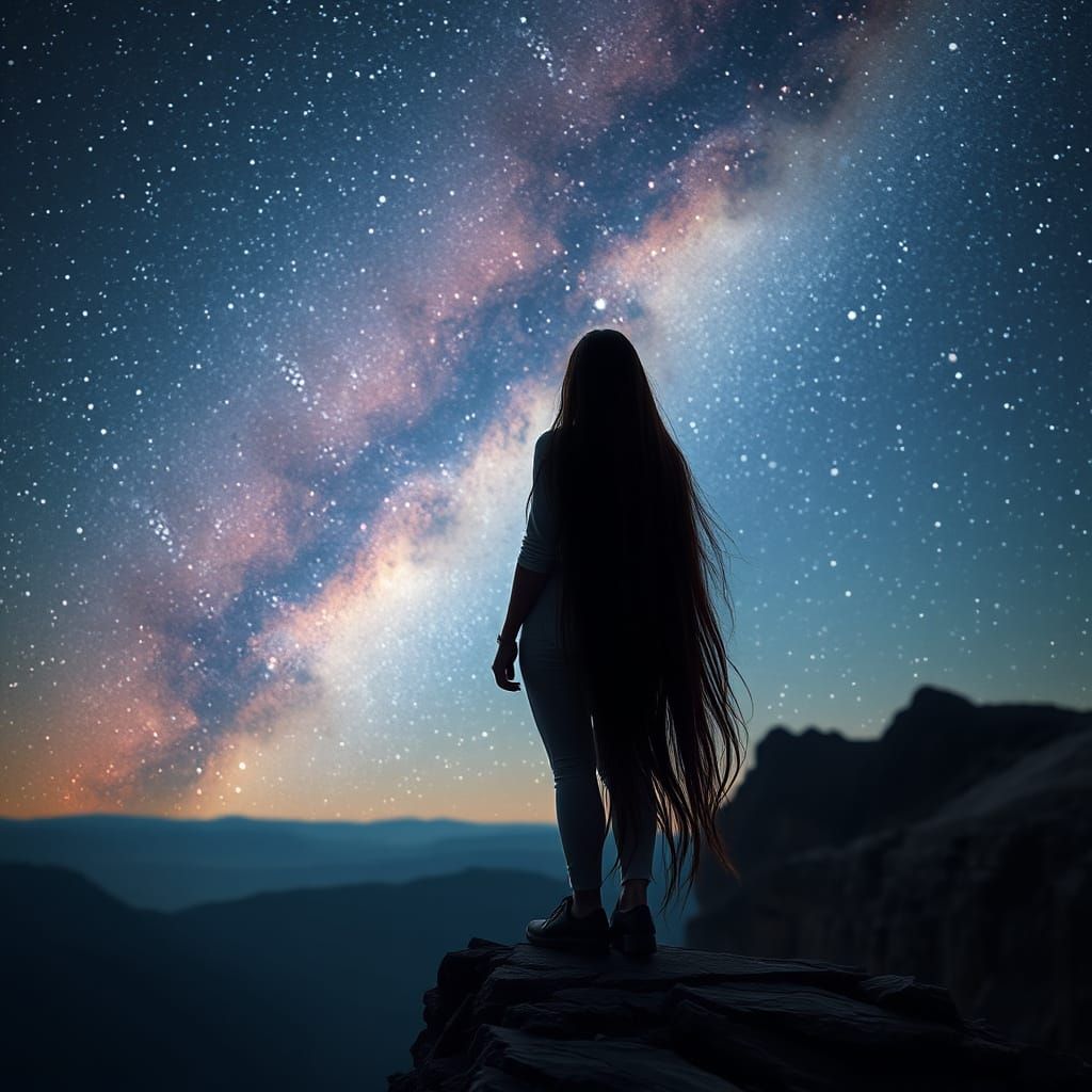 Hyperrealistic Fantasy Woman Under the Starry Night Sky