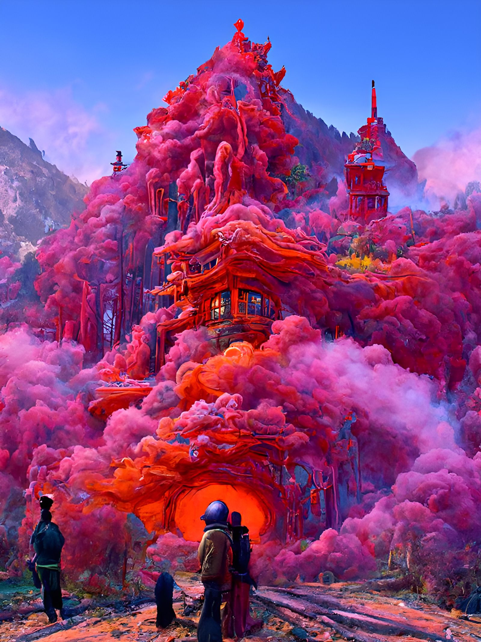 Cyberpunk Red Smoke Mountain in Vibrant Iridescent Hues