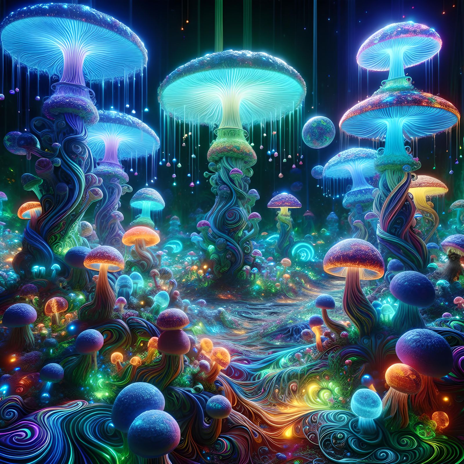 Hyperrealistic Bioluminescent Mushroom Forest in Iridescent....