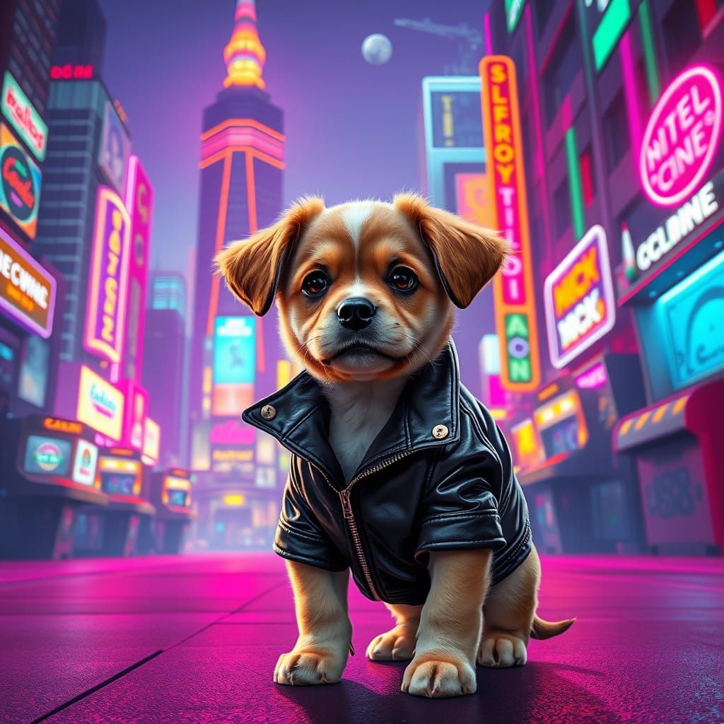 Puppy in Neon City, Retro-Futuristic Style