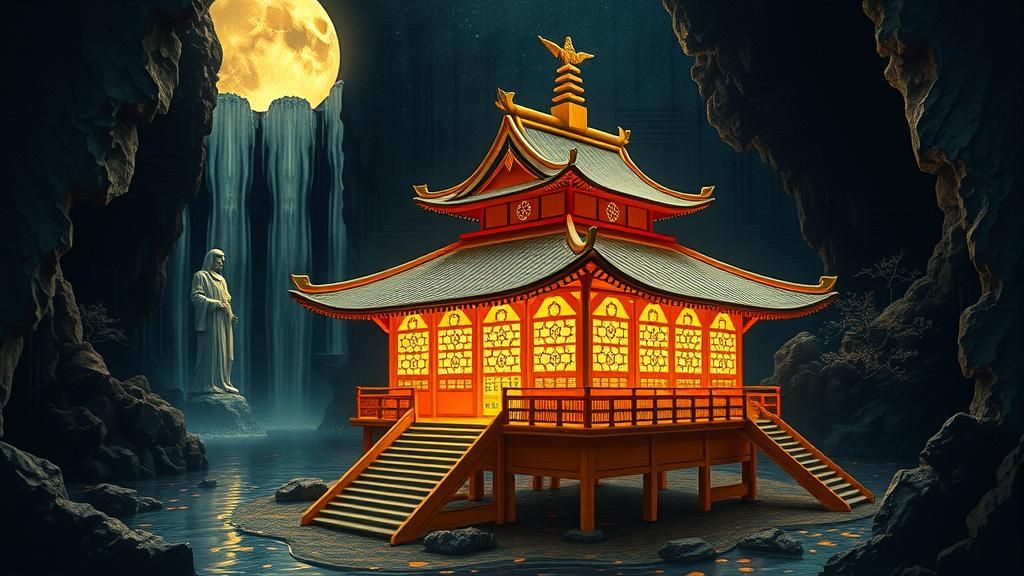 Origami Temple in Dreamlike Japanese Waterfall Scene