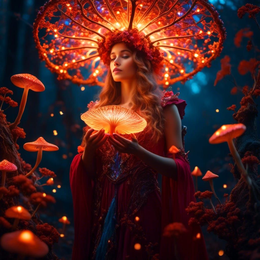 A young beautiful sorceress in a magical forest