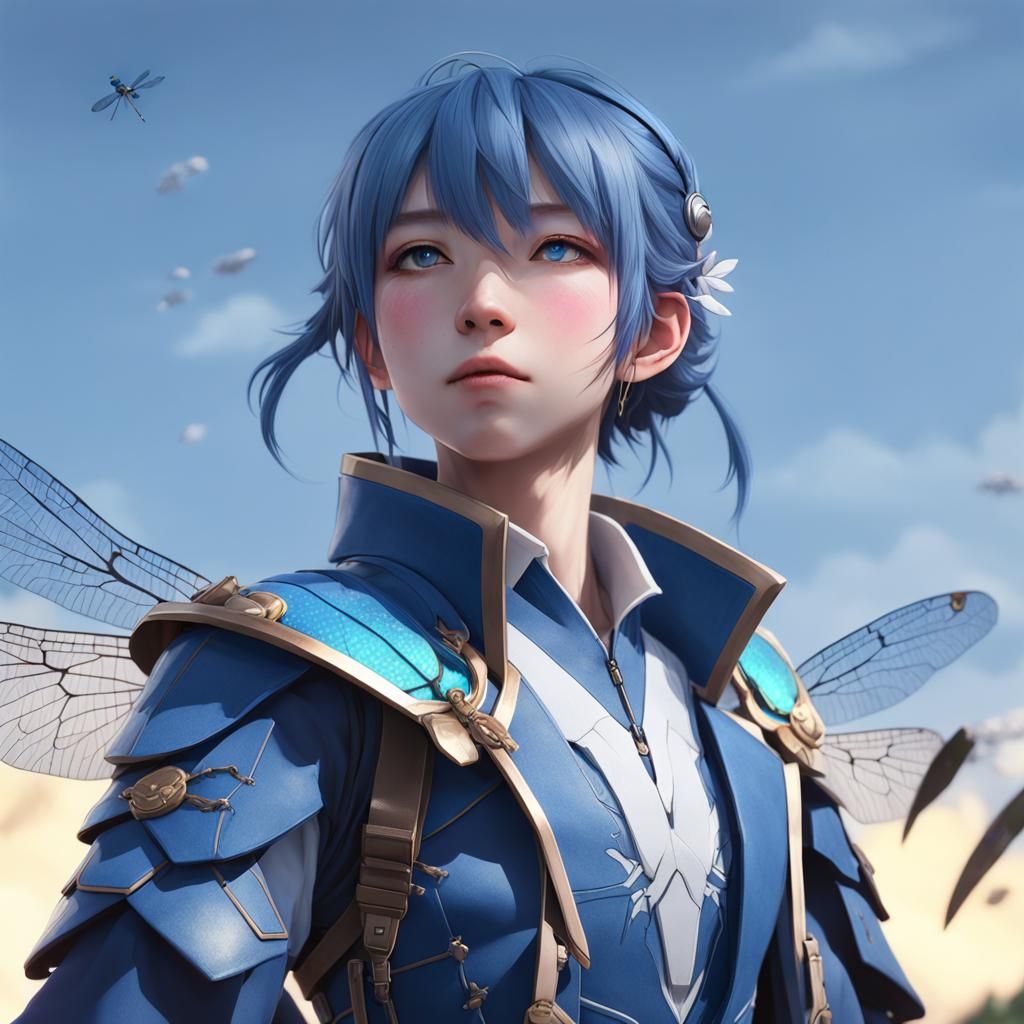A Blue Dragonfly in Anime-Inspired 3D Art