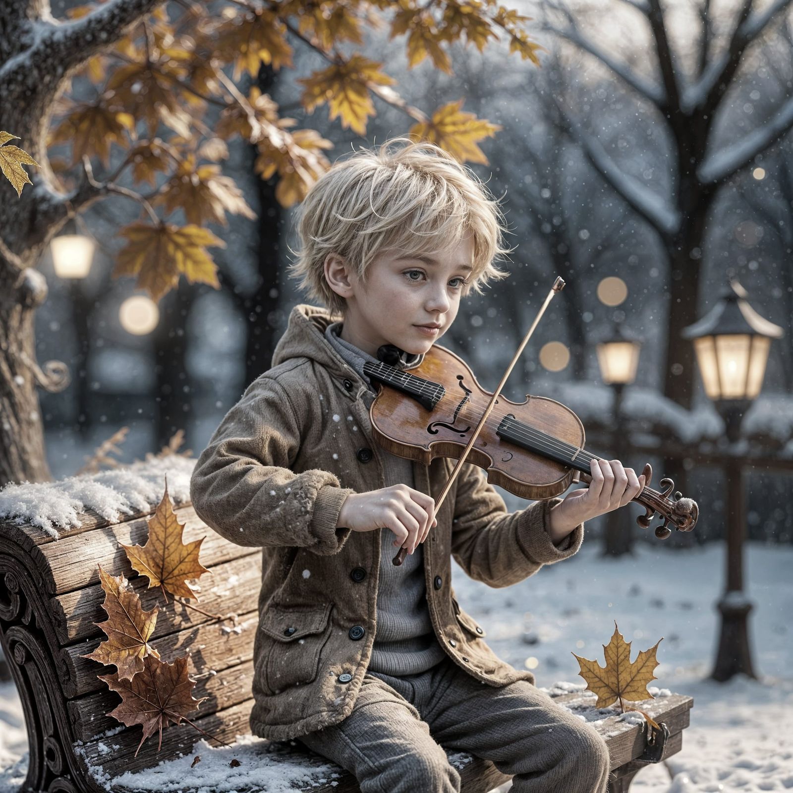 Winter Scene Carved in Autumn Leaf