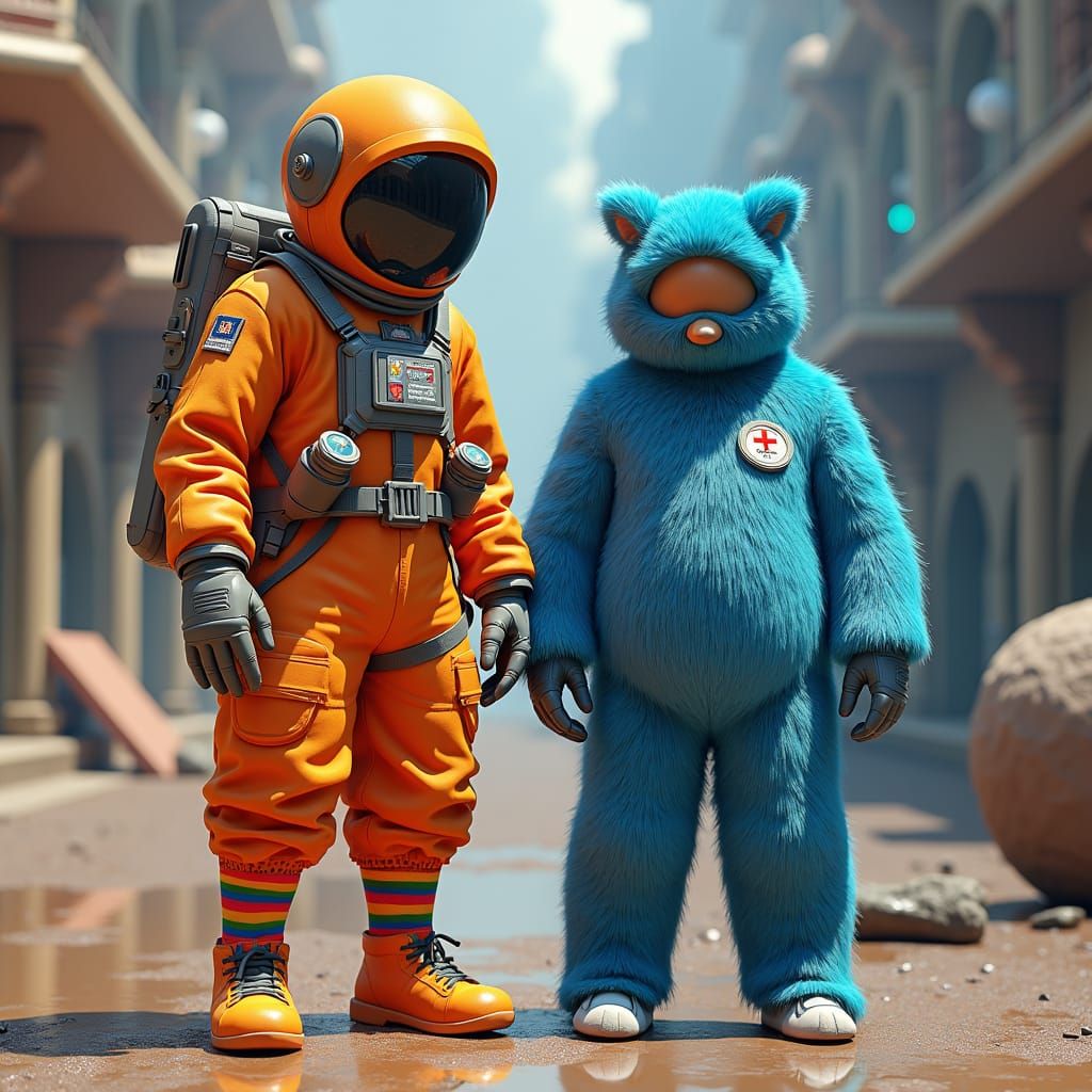 Whimsical Astronaut and Furry Doctor in a Dreamlike Landscap...