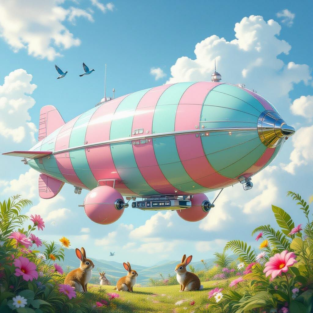 Futuristic Airship Over Tropical Habitat