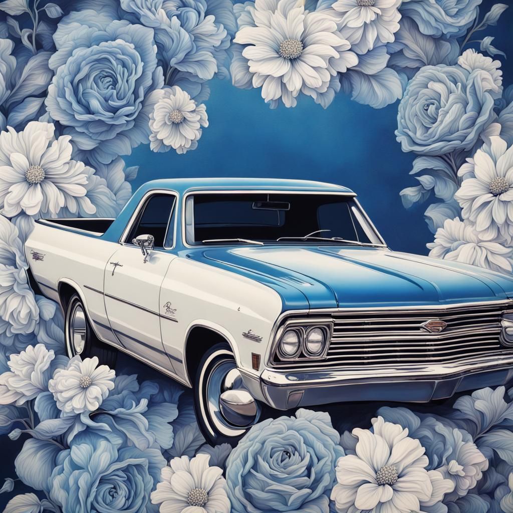 Dramatic Blue and White Floral Portrait in Hyperrealistic St...