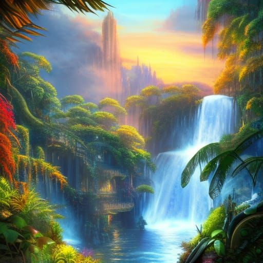 Stunning Steampunk Sunset Waterfall in Exquisite Detail