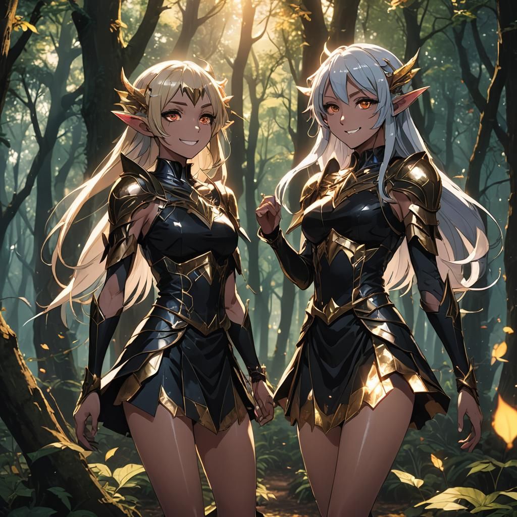 Vibrant Dark Elves in a Kyoto-Inspired Anime Landscape