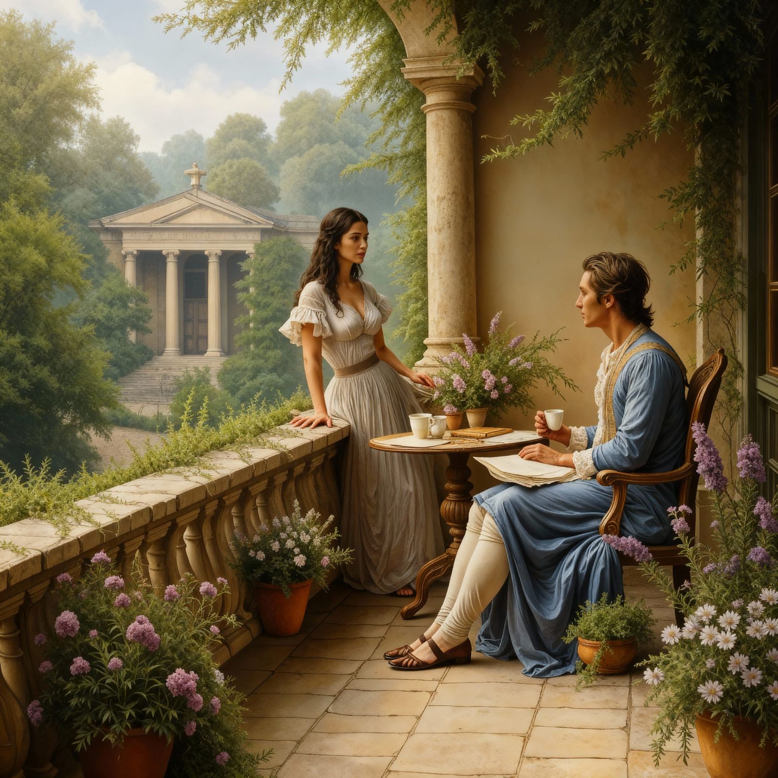 Regency Era Woman Observes Man's Morning Breakfast