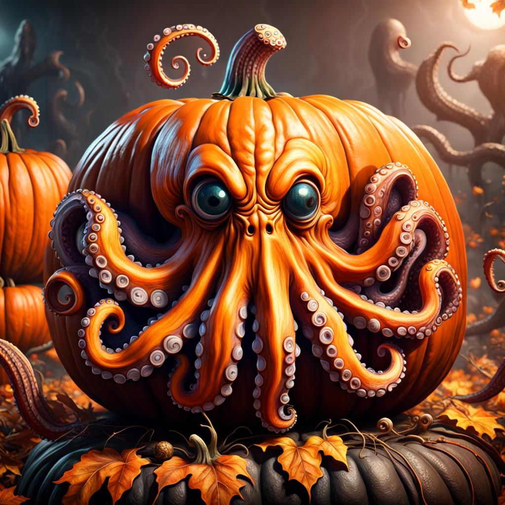 Surreal Octopus Pumpkin Sculpture in Vibrant Matting