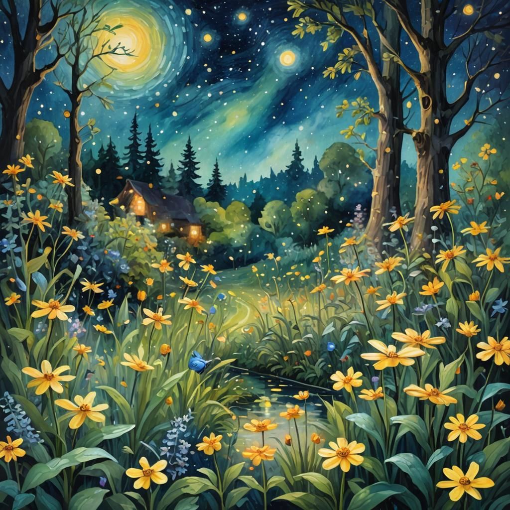 Magical Starry Night in Whimsical Gouache Wonderland