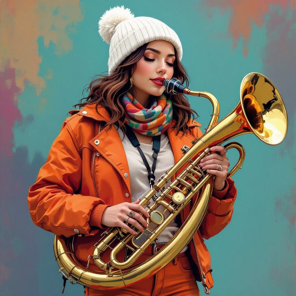 Woman Playing Sousaphone in Vibrant Comic Style