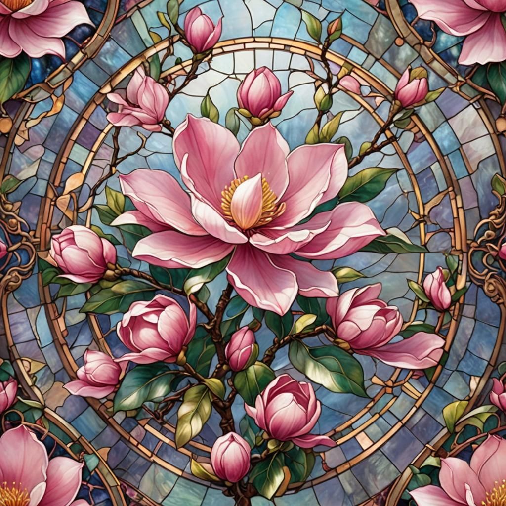 Ethereal Fantasy Stained Glass Round with a Vibrant Pink Mag...