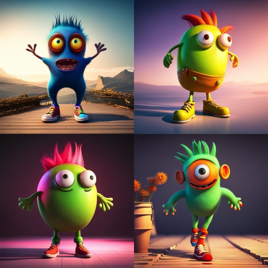 3d  HD colorful creature  wearing shoes crazy with crazy hai...