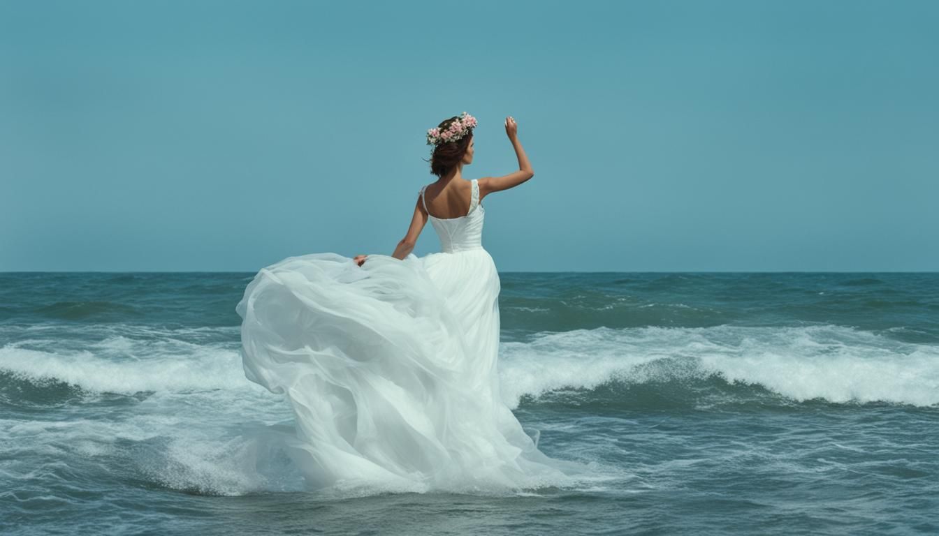 Surreal Woman in White Gown Merging with the Sea